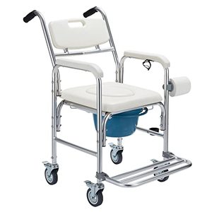 lot 33000215 image: HABUTWAY 4 in 1 Bedside Commode Chair, Transport Shower Wheelchair Toilet Rolling Transport Chair with 4 Brakes Casters,Tissue Holder,Crutch Holder for Elderly Injured and Disabled