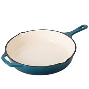 lot 33000303 image: Hamilton Beach Enameled Cast Iron Fry Pan 12-Inch Navy, Cream Enamel coating, Skillet Pan For Stove top and Oven, Even Heat Distribution, Safe Up to 400 Degrees, Durable