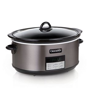 lot 33000238 image: Crockpot 8 Quart Slow Cooker with Auto Warm Setting and Cookbook, Black Stainless Steel