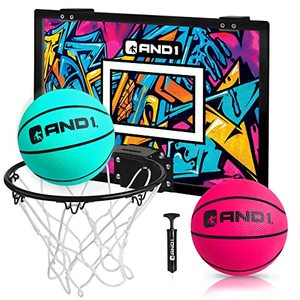 lot 33000257 image: AND1 Over The Door Mini Hoop - 18x12 Pre-Assembled Portable Basketball Hoop with Flex Rim, Includes Two Deflated 5 Mini Basketball  TealPink (5A1GT0110L0E2)