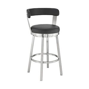 lot 33000264 image: Armen Living Bryant 26 Black Faux Leather and Brushed Stainless Steel Swivel Bar Stool
