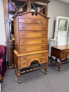 lot 1003 image: Queen Anne style rolling highboy 9 drawer dresser 72 x 36 x 19 in