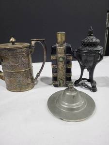 lot 1141 image: Incense burner decor, lid, brass pitcher