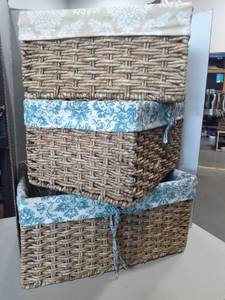 lot 1169 image: (3) Storage baskets with fabric on inside. The largest is 9 x 19 x 13