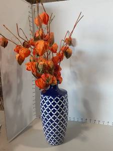 lot 1183 image: Blue and white vase with faux flowers