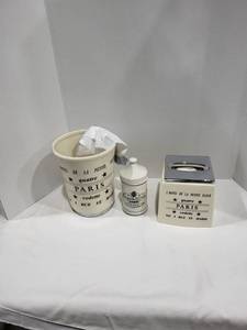 lot 1221 image: Bathroom trash can decanter, Kleenex box