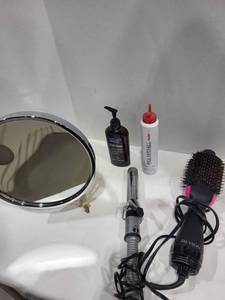 lot 1224 image: Magnifying mirror 10 Argan magic curlcream, Paul Michell sculpting foam, Revlon hair brush dryer, Shique 1.5 barrel curling iron