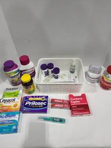 lot 1227 image: Basket full of vitamins, sore throat, more