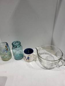 lot 1240 image: Paint brush jar, Ball jar, coffee mug, 8 cups measuring cup