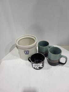 lot 1244 image: Crock 6.5, glazed ceramic mugs, enamel tin cup