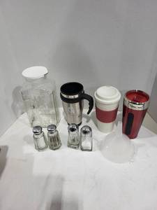 lot 1252 image: Juice jug, thermo cups , salt, pepper shakers, funnel