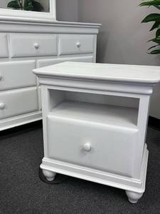 lot 2003 image: Smart Stuff Furniture for Kids white wood single drawer night stand with hideaway outlet (25 x 23 x 17 in)
