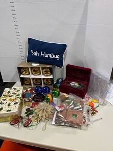 lot 1767 image: Bah Humbug pillow and several Christmas ornaments