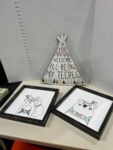 lot 1769 image: Wood and wood framed TeePee kids room wall decor frames are 12.5 x 12.5 in
