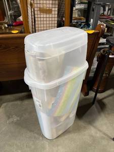 lot 1784 image: Rubbermaid gift wrap storage tote with contents