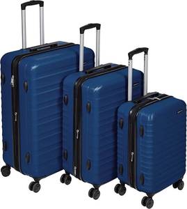 lot 68030 image: Amazon Basics 3-Piece Set Hardside Spinner, Navy Blue, DAMAGE on larger suitcase see pictures