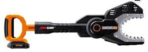 lot 68032 image: WORX WG320 20V Power Share JawSaw Cordless Chainsaw, battery and charger included, chain is wedge on inside, turns on, please see pics