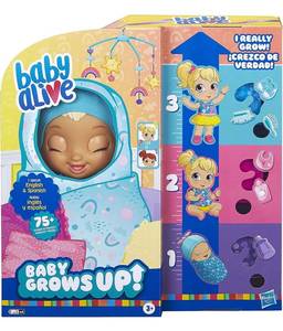 lot 68035 image: Baby Alive Baby Grows Up (Happy) - Happy Hope or Merry Meadow, Growing and Talking Baby Doll, Toy with 1 Surprise Doll and 8 Accessories , Blue