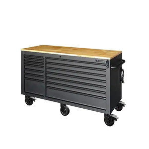 lot 68085 image: Husky 62 in. W x 24 in. D Heavy Duty 14-Drawer Mobile Workbench Cabinet with Adjustable Height Wood Top in Matte Black