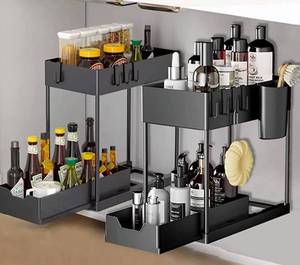 lot 68088 image: Under Sink Organizers and Storage, 2 Pack Under Bathroom Storage Rack, Under Cabinet Organizer, Bathroom Organizer with Hooks, Multi-purpose Storage Shelf for Kitchen, Bathroom, Family