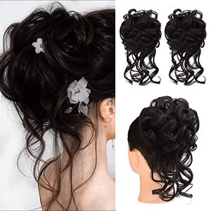 lot 14553 image: Messy Bun Hair Piece, 2PCS Tousled Updo with Tendrils Hair Bun Extensions, Black Brown