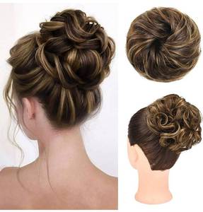lot 14558 image: Messy Bun Hair Piece, 100% Real Human Hair Tousled Updo Extension with Elastic Band Hair Bun, Medium Brown with Highlights