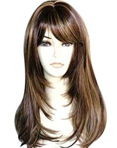 lot 14559 image: Kalyss Brown with Highlights Yaki Synthetic Womens Wig With Hair Bangs Centre Parting Long Straight, brown with highlights color