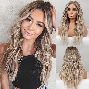 lot 14568 image: EMMOR Synthetic Long Ombre Blonde Lace Front Wig, 25 Inch Natural Wavy, Middle Part,Hand TiedLonglifeLightweight