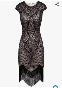 lot 26587 image: 1920s Sequined Embellished Tassels Hem Flapper Dress Medium