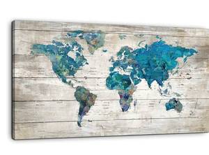 lot 26609 image: Abstract Watercolor Blue World Map Canvas Wall Art Prints for Living Room Office Large Teal White Watercolor World Map Picture Framed Artwork Decor for Home Bedroom Decoration