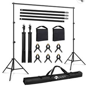 lot 26612 image: HPUSN Backdrop Stand - 10ft x 7ft Adjustable Photoshoot Backdrop - Photo Backdrop Stand for Parties - Backdrop Includes Travel Bag, Sand Bags, Clamps - Photo Video Studio