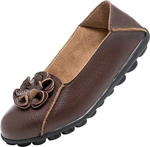 lot 26615 image: LINZHEN Womens Leather Loafers Slip On Flats Casual Round Toe Moccasins Wild Breathable Comfortable Walking Working Driving Long Standing Fashion Soft Shoes Coffee Size 7