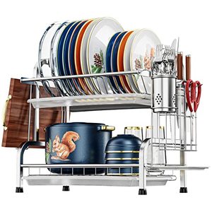 lot 26616 image: iSPECLE Dish Drying Rack, 304 Stainless Steel 2-Tier Dish Rack with Utensil Holder, Cutting Board Holder and Dish Drainer for Kitchen Counter