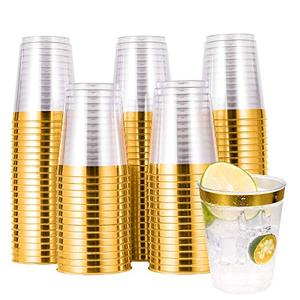 lot 26618 image: 100 PACK Gold Plastic Cups,10 Oz Clear Plastic Cups Tumblers, Elegant Gold Rimmed Plastic Cups, Disposable Cups With Gold Rim
