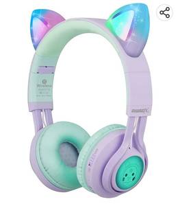 lot 26619 image: Riwbox Kids Headphones, CT-7S Cat Ear Bluetooth Headphones 85dB Volume Limiting,LED Light Up Kids Wireless Headphones Over Ear with Microphone for LaptopPCTV (Purple&Green)