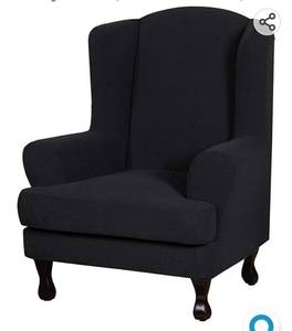lot 26622 image: H.VERSAILTEX 2 Piece Stretch Jacquard Wingback Chair Covers Slipcovers Wing Chair Covers (Base Cover Plus Seat Cushion Cover) Furniture Covers for Wingback Chairs, Form Fitted Thick Soft, Black