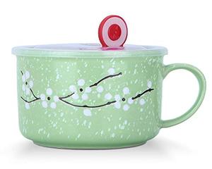 lot 26637 image: VanEnjoy 30oz Ceramic Bowl with Lid & Handle,Cherry Blossoms Among Snow Flake Pattern,Microwave for Instant Noodle Sara, Cereal Bowl