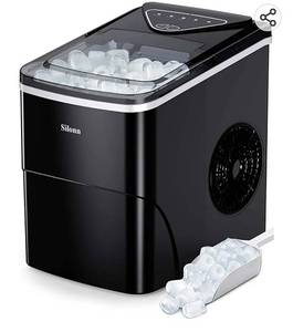 lot 26644 image: Silonn Ice Makers Countertop, 9 Cubes Ready in 6 Mins, 26lbs in 24Hrs, Self-Cleaning Ice Machine with Ice Scoop and Basket, 2 Sizes of Bullet Ice for Home Kitchen Office Bar Party