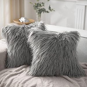 lot 26650 image: Phantoscope Pack of 2 Faux Fur Throw Pillow Covers Cushion Covers Luxury Soft Decorative Pillowcase Fuzzy Pillow Covers for BedCouch,Gray 18 x 18 Inches