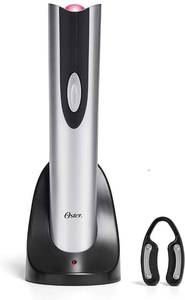 lot 31349 image: Oster Electric Wine Opener and Foil Cutter Kit with CorkScrew and Charging Base, Silver