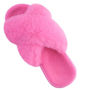 lot 31353 image: shevalues Fuzzy House Slippers for Women Cross Band Fluffy Bedroom Slippers with Arch Support, Hot Pink 4-4.5