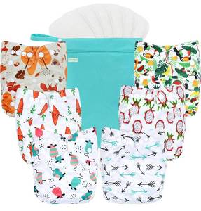 lot 31356 image: Wegreeco Washable Reusable Baby Cloth Pocket Diapers 6 Pack  6 Bamboo Inserts (with 1 Wet Bag, Fruits, Animals)
