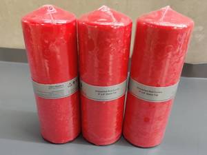 lot 31357 image: Mega Candles 3 pcs Unscented Red Round Pillar Candle, Pressed Premium Wax Candles 3 Inch x 9l
