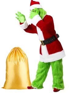 lot 31361 image: ( Poor Mans Grinch) Green Monster Costume 8PCS Adult Santa Suit Christmas Deluxe Furry Adult Santa Suit Green Luxury Outfit (XL to 3XL, Green)