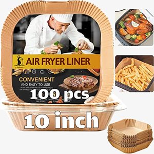 lot 31368 image: Air Fryer Disposable Paper Liner Square 10 Inch, 100Pcs Largest Square Air Fryer Paper Liners for 8-12QT Air fryer, Non-stick Food Grade Parchment Paper for Frying, Cooking, Roasting and Microwave