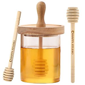 lot 31376 image: HAPPI STUDIO Honey Pot - Airtight 13 Oz Honey Jar and Dipper Set - Honey Jars with Dipper - Honey Dipper Stick and Jar Set - Glass Honey Dispenser - Honey Containers with Wooden Honey Dipper