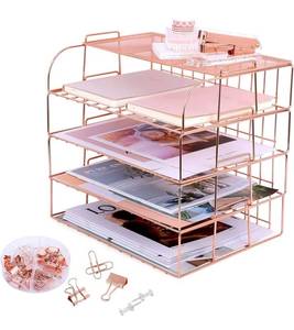 lot 31381 image: Rose Gold Desk Organizer, 4 Tier Paper Organizers for Office Stackable Letter Tray with Binder Clips, Paper Clips and Push Pins(Rose Gold