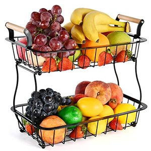 lot 31396 image: ANTOPY 2 Tier Countertop Fruit Basket for Kitchen Vegetable Fruits Basket Bowl Stand Metal Rectangle Wire Basket Storage Holder for Fruits Veggies Bread Snacks Kitchen Organizer, Black
