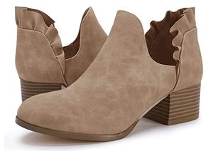 lot 31413 image: Fashare Womens Fall Cutout Booties Ankle Heels Low Stacked Ruffle Slip On Dress Short Boots Shoes Tan 7.5