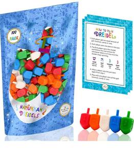 lot 31430 image: Hanukkah Dreidels 100 Bulk Pack Multi-Color Plastic Chanukah Draydels With English Transliteration - Includes 3 Dreidel Game Instruction Cards